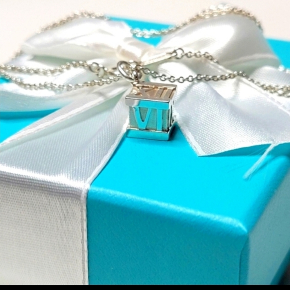 Tiffany & Co. Atlas Cube Roman Numerals Pendant Necklace in Sterling Silver 16"